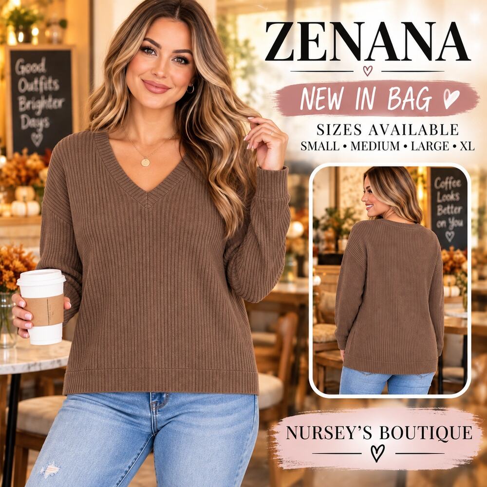 Zenana Mocha Ribbed V Neck High Low Side Slit Sweater M L NIB